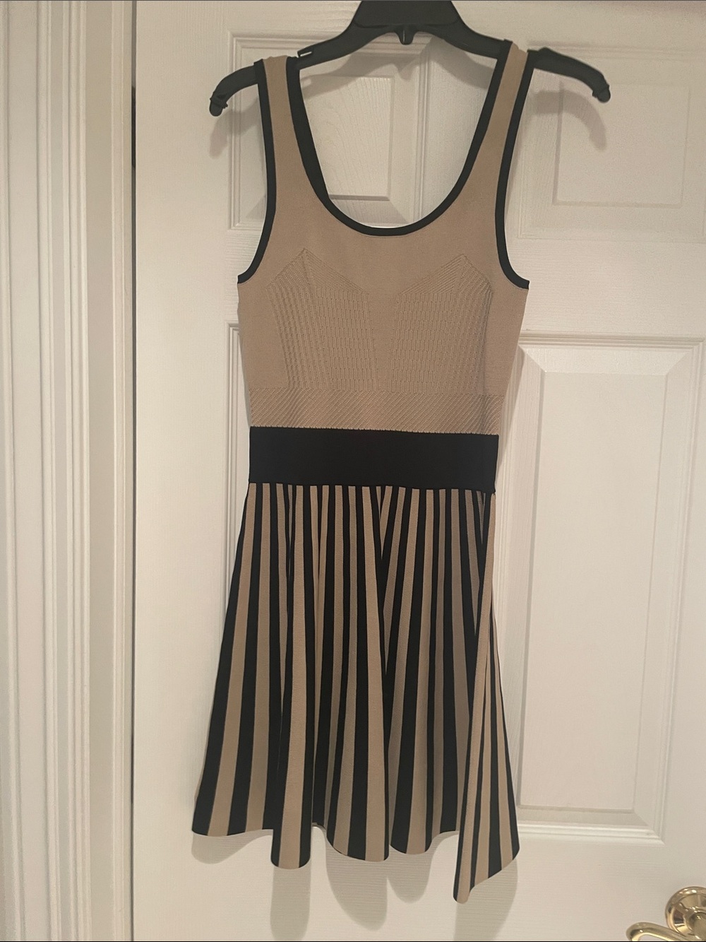 Guess Sleeveless Beige and Black Striped Fit-and-Flare Dress